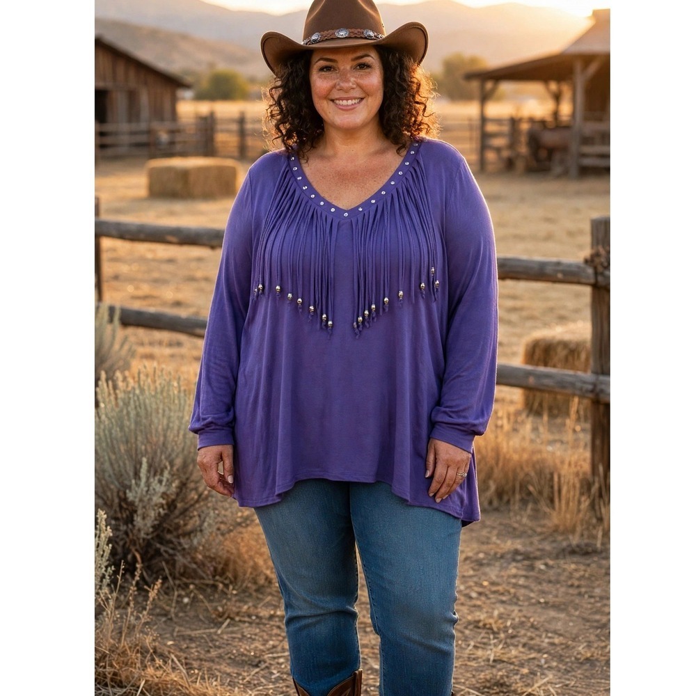 Back in the Saddle Women's 3X Beaded Fringe Embellished Western Tunic Top Purple